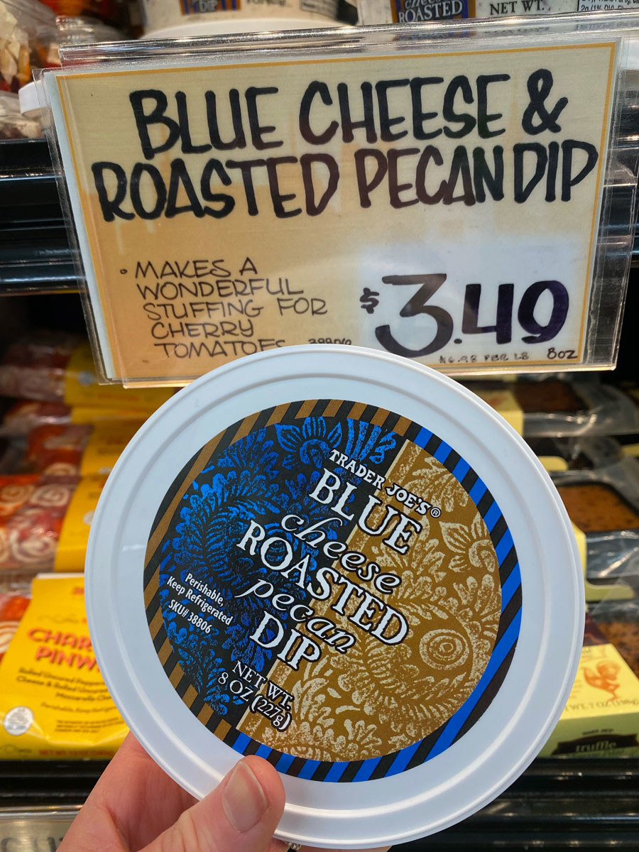 A container of blue cheese roasted pecan dip from Trader Joe&#x27;s.