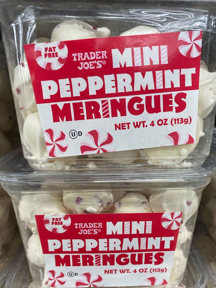 Two containers of Trader Joe&#x27;s Mini Peppermint Meringues.