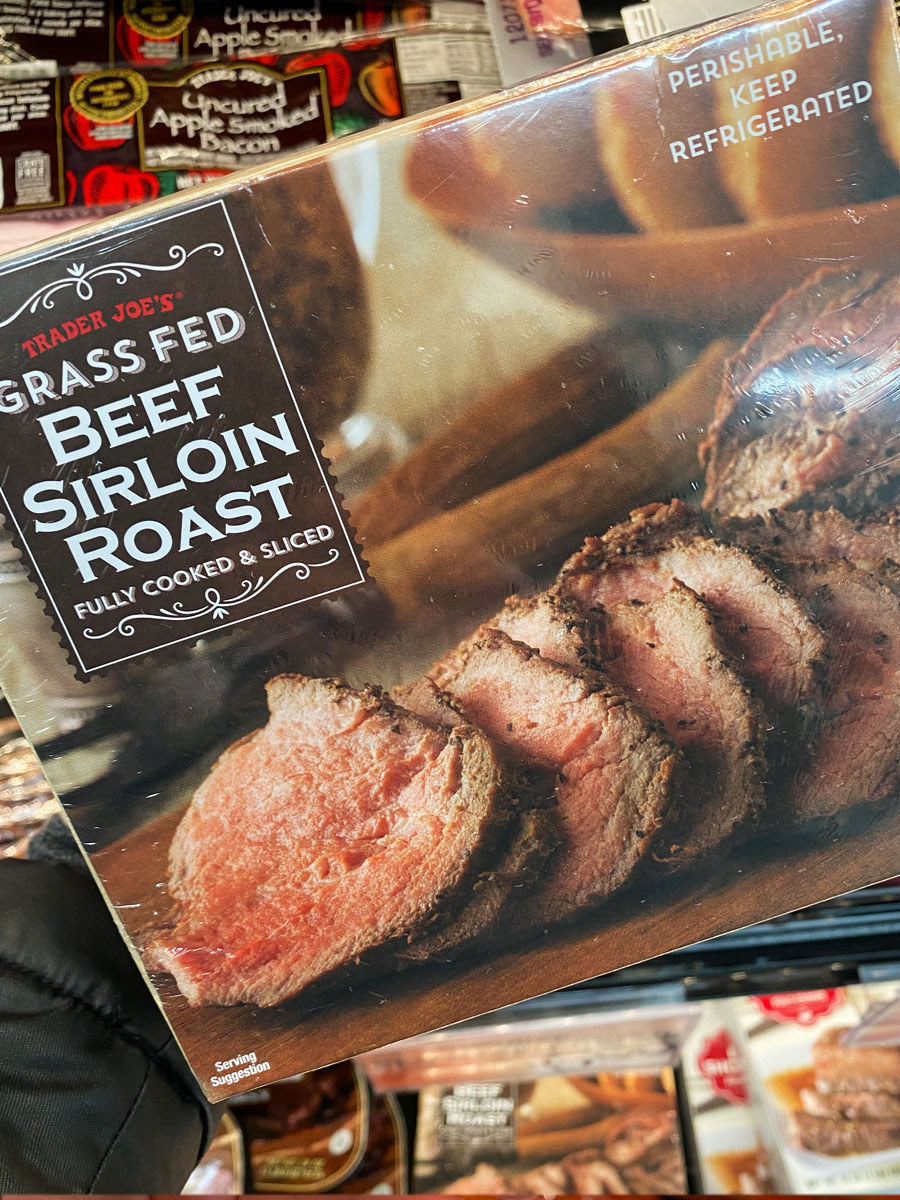 A box of fully cooked Grass Fed Beef Sirloin Roast from Trader Joe&#x27;s.