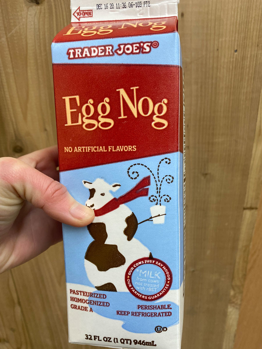 A carton of Trader Joe&#x27;s egg nog.