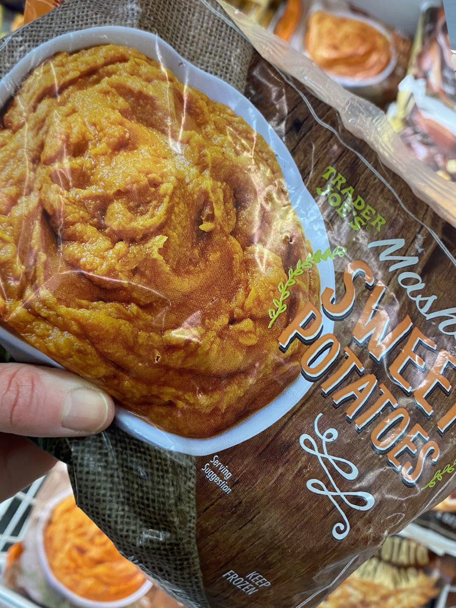 A bag of frozen mashed sweet potatoes.