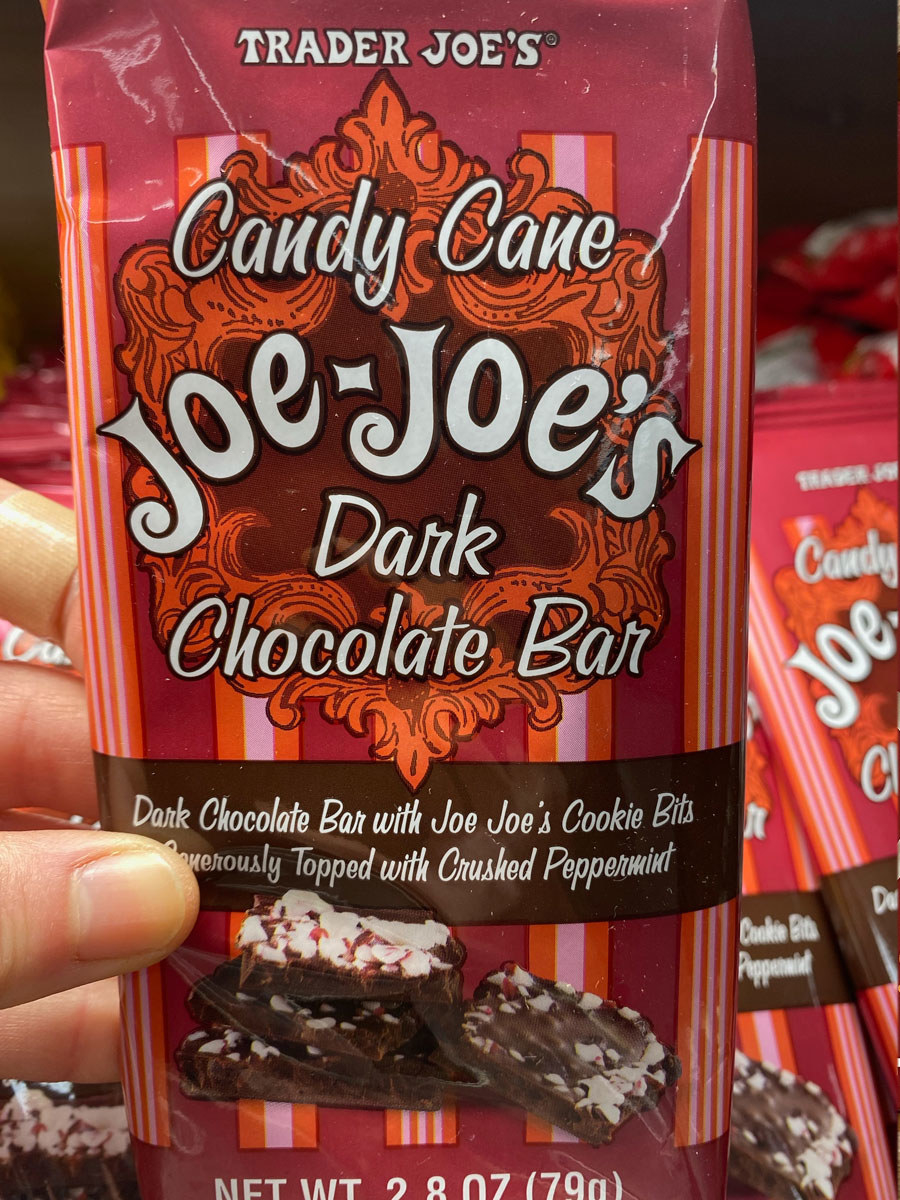A Candy Cane Joe-Joe&#x27;s Dark Chocolate Bar.