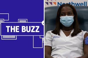 Splitscreen of purple graphic with THE BUZZ in white letters on the right side and photo of Sandra Lindsay on the left side (CREDIT: GETTY)