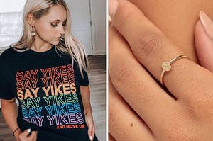 model in tee that says "say yikes" in six different colors; minimal gold ring on a finger