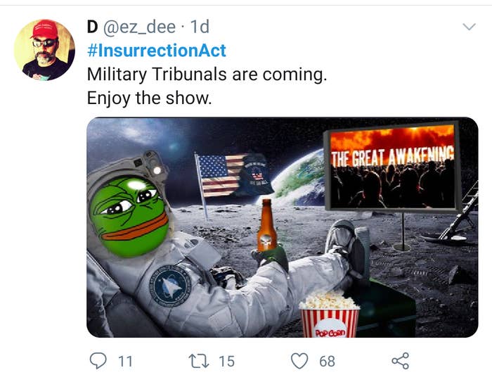 A Trump supporter's tweet is shown saying "Military Tribunals are coming."