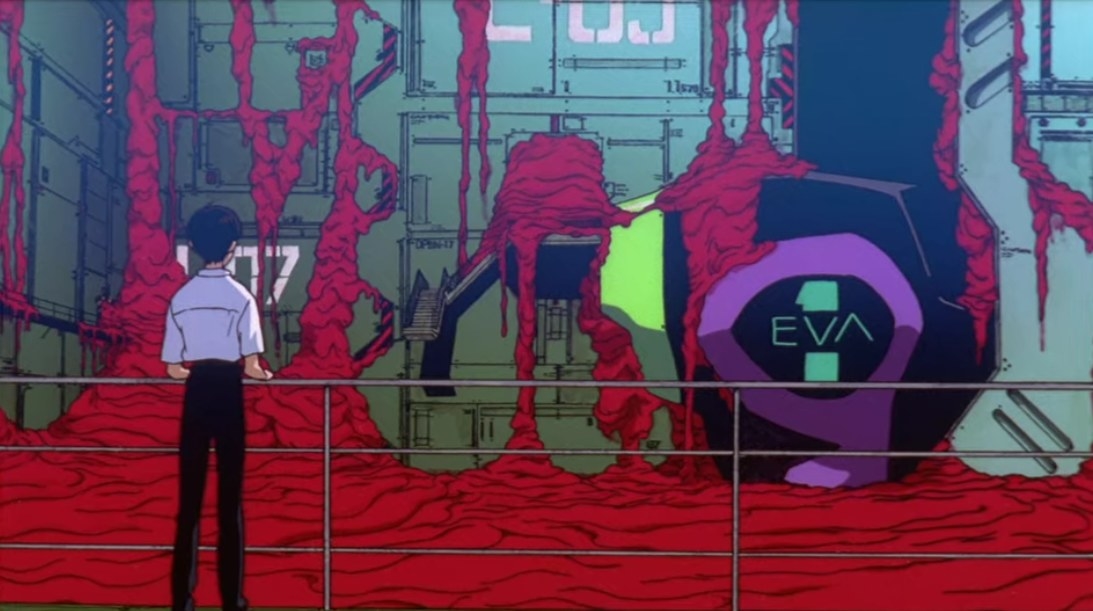 Shinji looks at a ruined NERV Headquarters