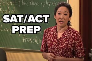 An image of Sandra Oh in an ACT/SAT prep skit on SNL and the label "SAT/ACT Prep" over top