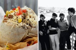 A burrito next to an image of the beatles