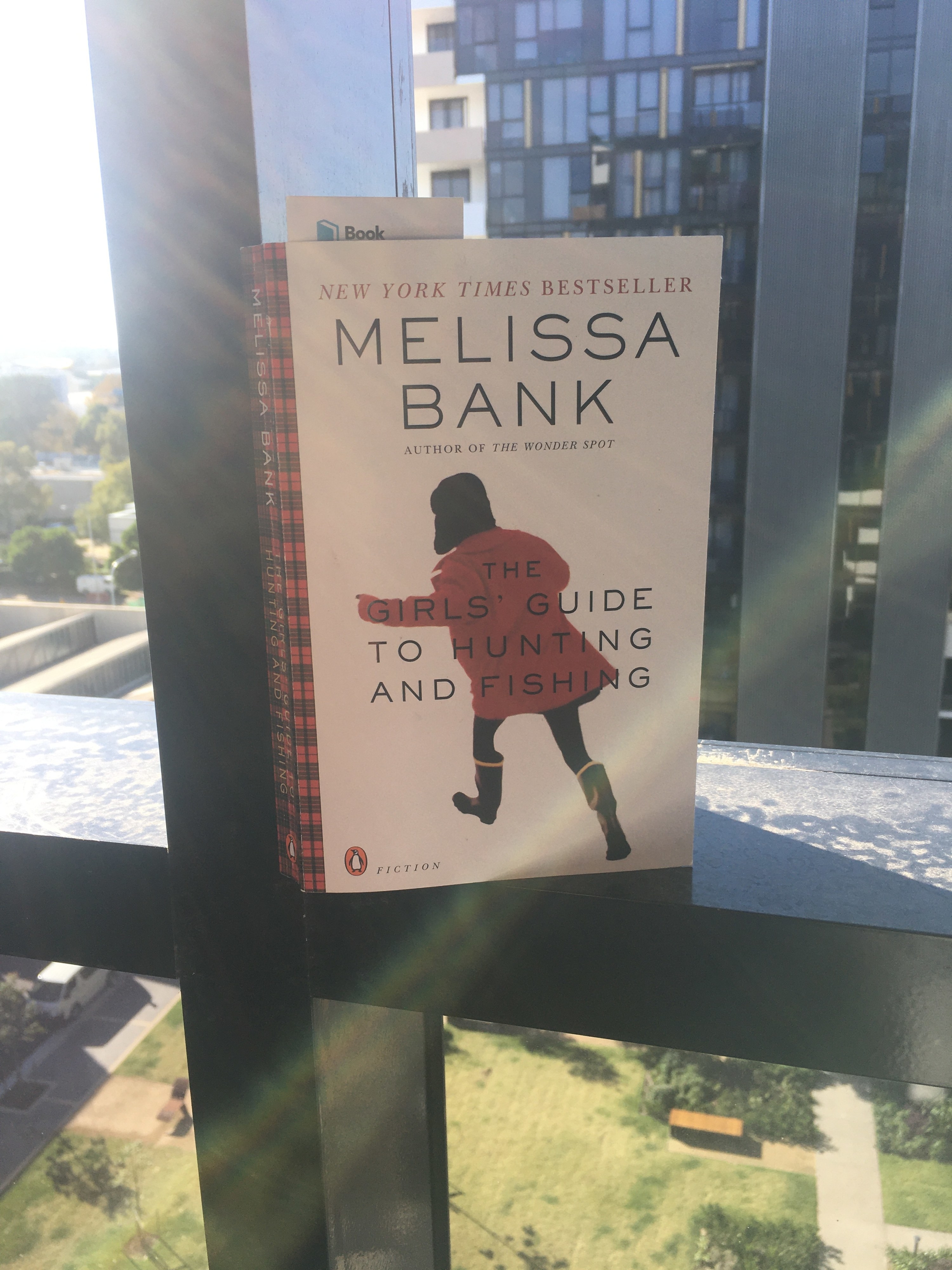 Book sitting on a window ledge showing a girl in a red jacket running away