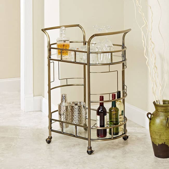two tier bar cart in hammered bronze finish