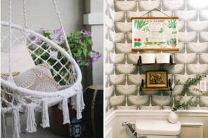 split thumbnail of hanging hammock chair, small bathroom with art deco inspired wallpaper