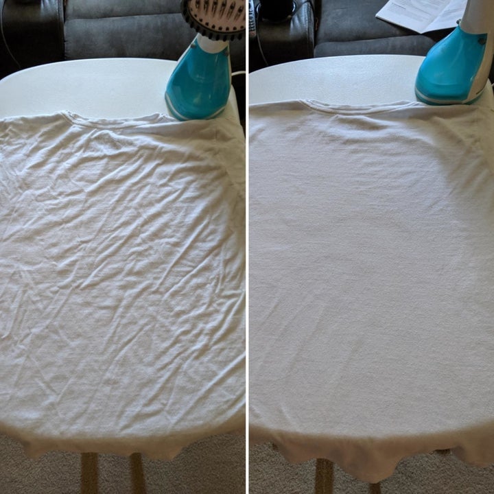before-and-after reviewer photo of a shirt with wrinkles completely removed after using the steamer 