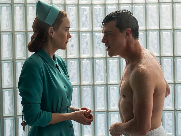 Nurse Ratched and Edmund Tolleson talking to one another