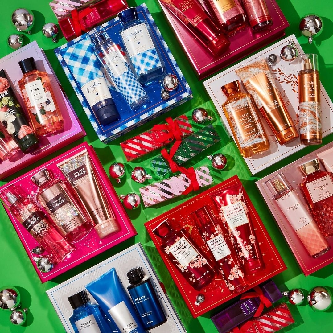 gift boxes of body wash, lotion, and spray