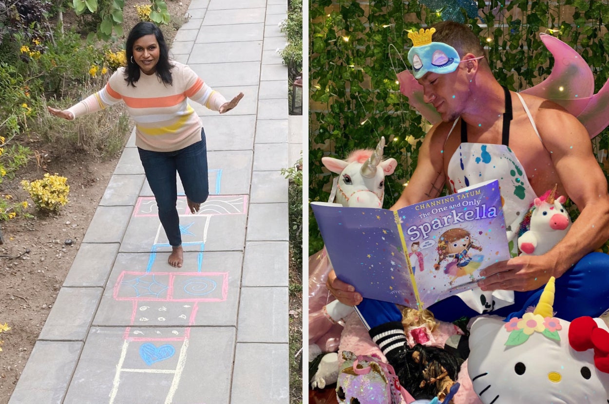 Mindy Kaling playing hopscotch side by side with Channing Tatum and his new children's book