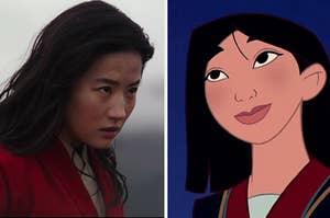 A live-action Mulan is beside a cartoon one