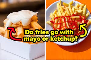 fries with mayo on top next to fries with ketchup on top