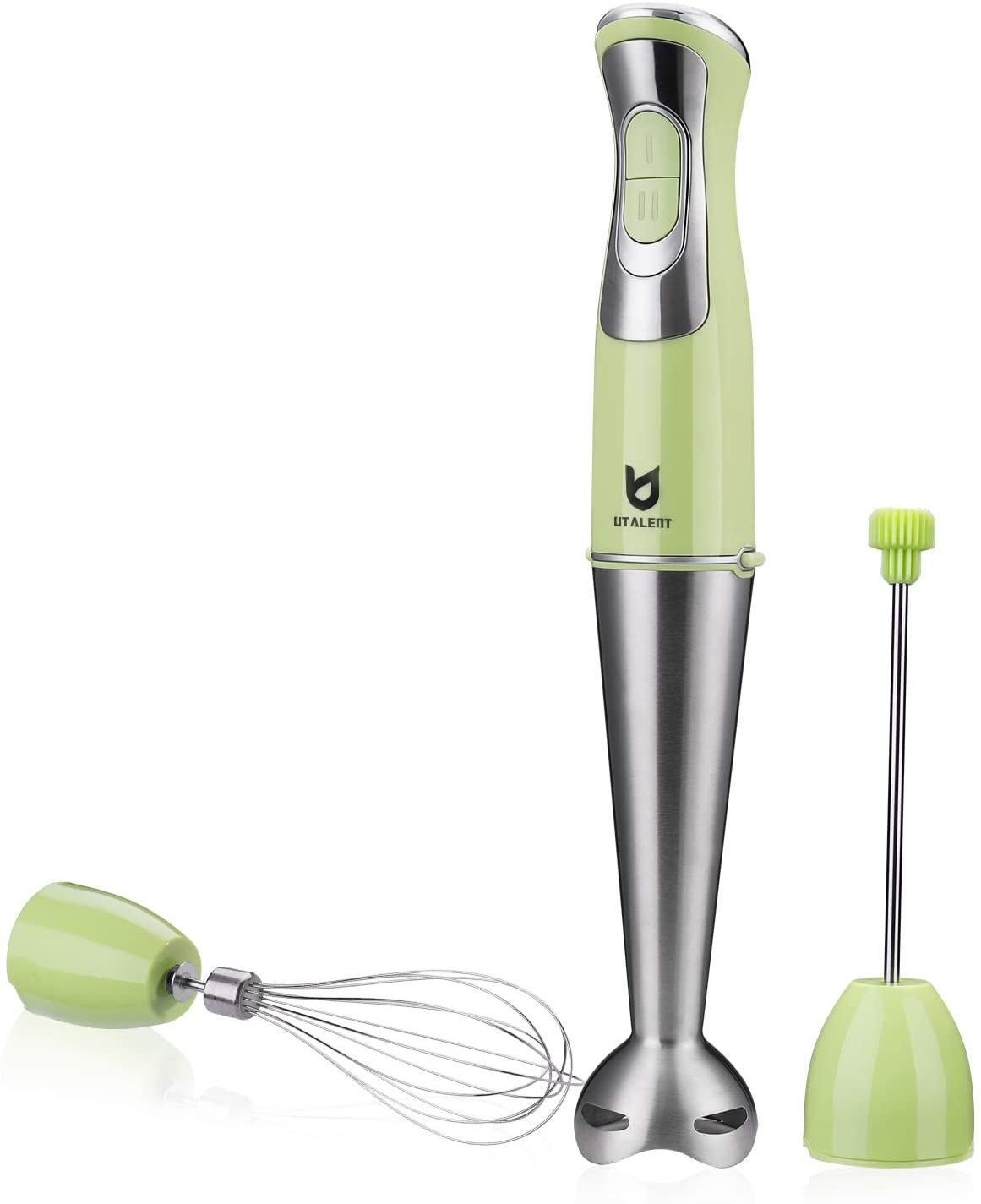 The green immersion blender which comes with whisk and frother attachments