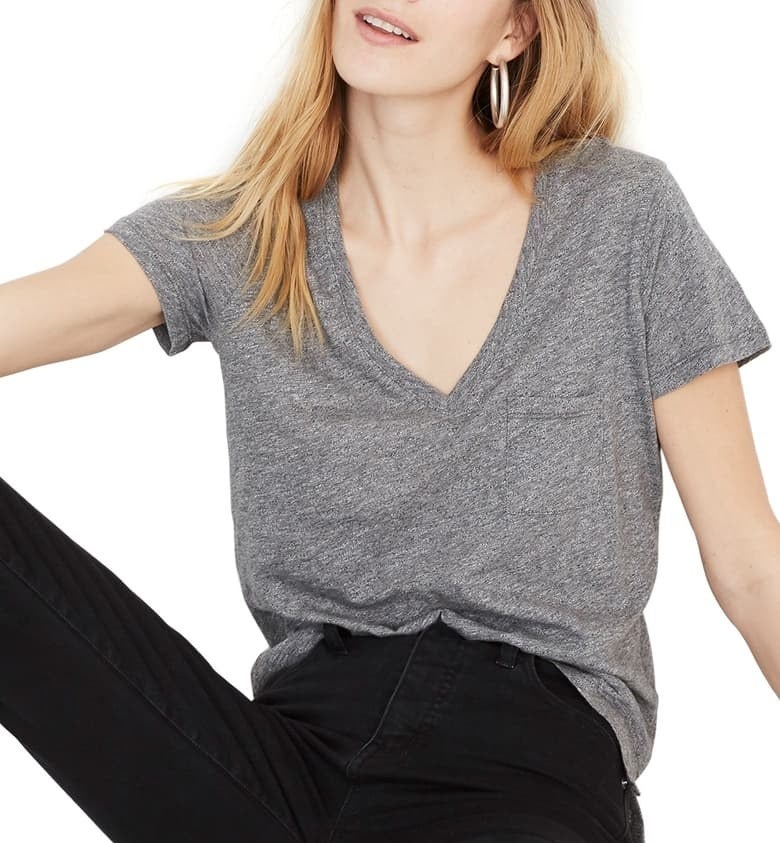 model wearing the gray top