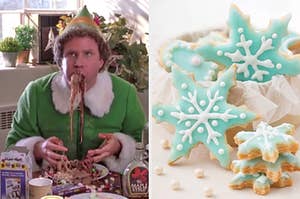 On the left, Buddy the Elf eating breakfast spaghetti, and on the right, some snowflake-shaped sugar cookies