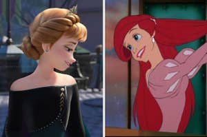 Anna from Frozen 2 on the left and Ariel from the little mermaid combing her hair with a fork on the right