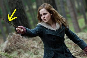 Hermione brandishing her wand with a dragon heart string core