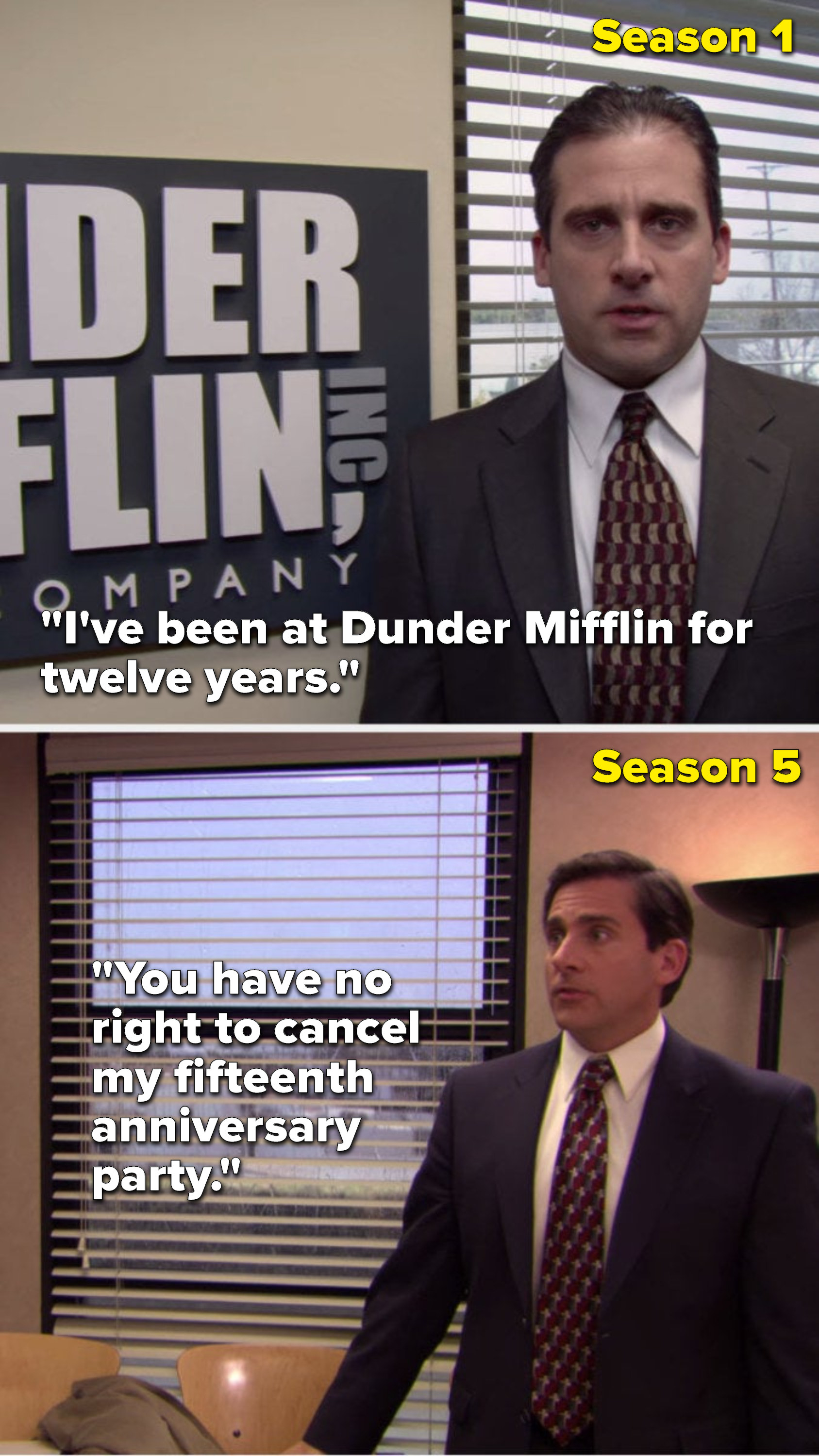 In Season 1, Michael says, &quot;I&#x27;ve been at Dunder Mifflin for twelve years&quot; and in Season 5 he says, &quot;You have no right to cancel my fifteenth anniversary party&quot;