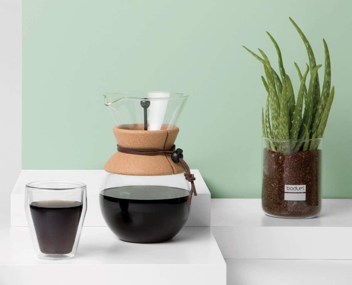 The pour over coffee maker which has a cork band around the middle so it's safe to grab
