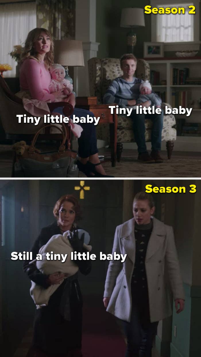 The twins being little babies in Season 2, and Penelope holding one of the still baby twins in Season 3