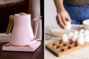 A pink Fellow kettle and a hand grabbing an egg from a wooden holder