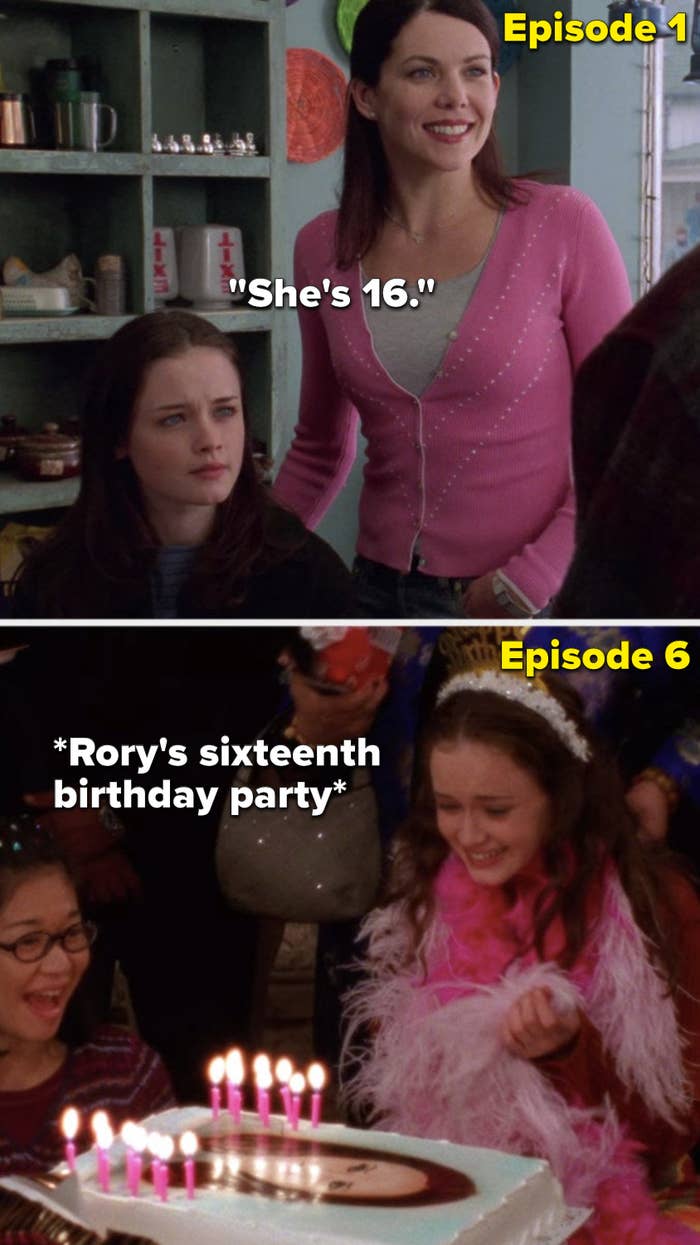 In the first episode of Gilmore Girls, Lorelai introduces Rory as 16 but, Rory's sixteenth birthday gets celebrated in the sixth episode.