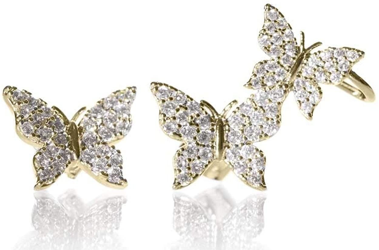 The gold and crystal studs, one of which is a single butterfly, and one of which has a second butterfly ear cuff attached to the stud