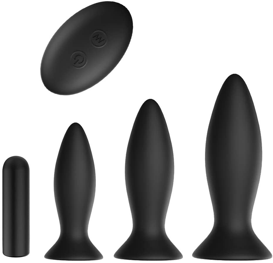 The three butt plugs, vibrator, and remote control