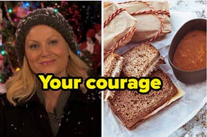 a woman in a winter hat next to an image of a sandwich on snow. over the image says "your courage"