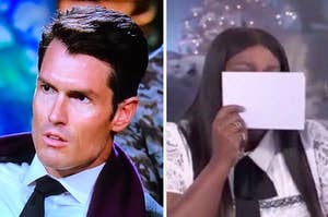 Bennett from The Bachelorette next to a host of The Real covering her face with a piece of paper