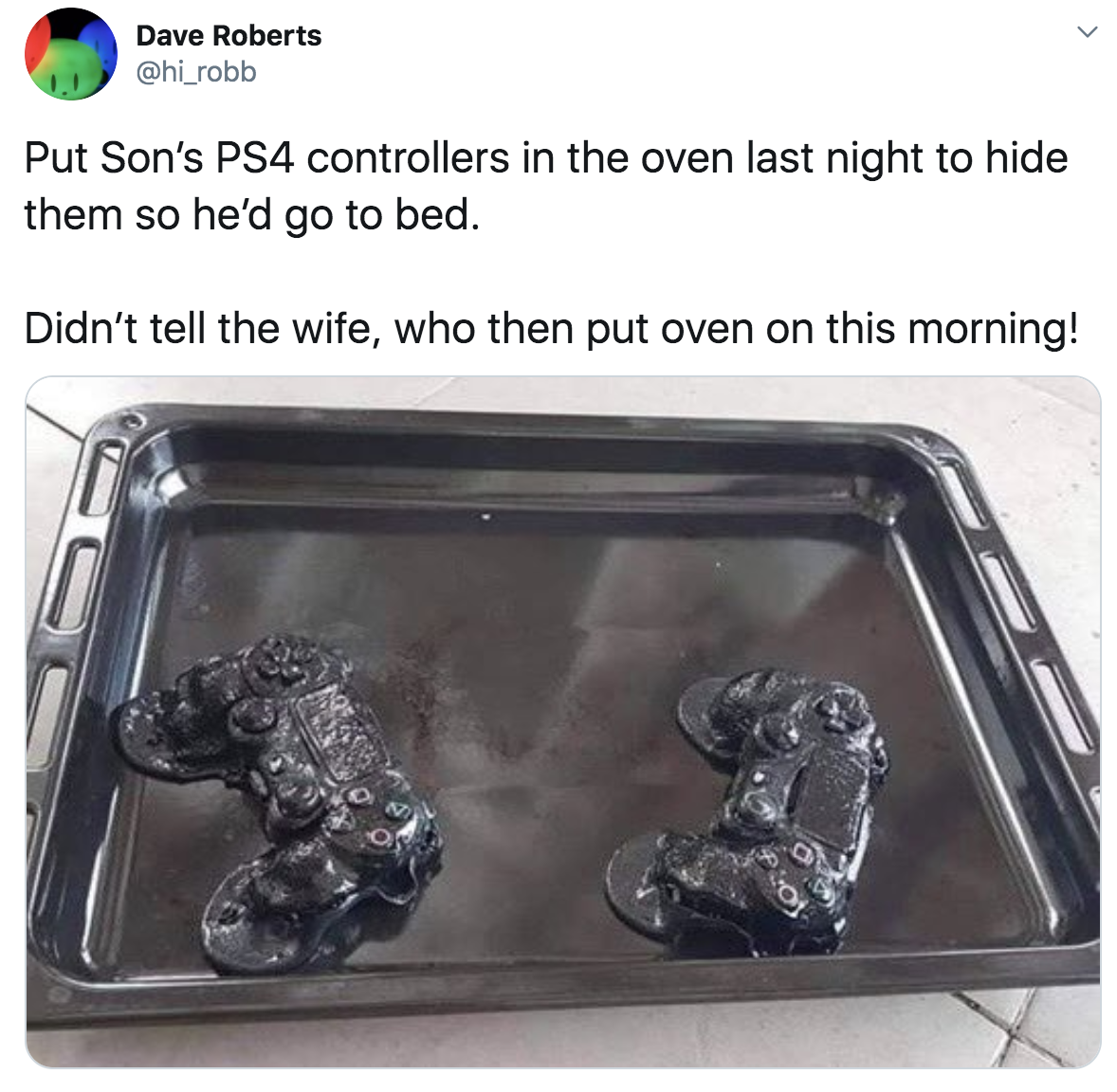 ps4 controllers hidden in an oven were accidentally left there and melted