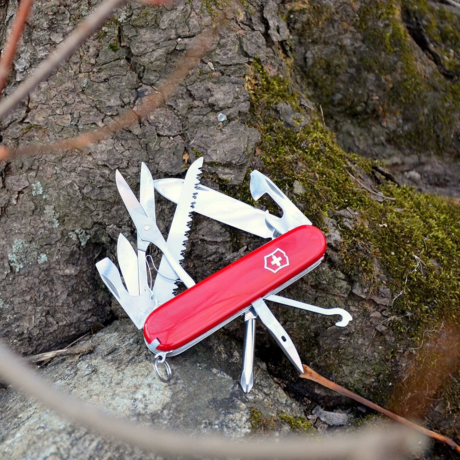 the red Victorinox Swiss Army Fieldmaster Pocket Multi-Tool Knife lying against a tree