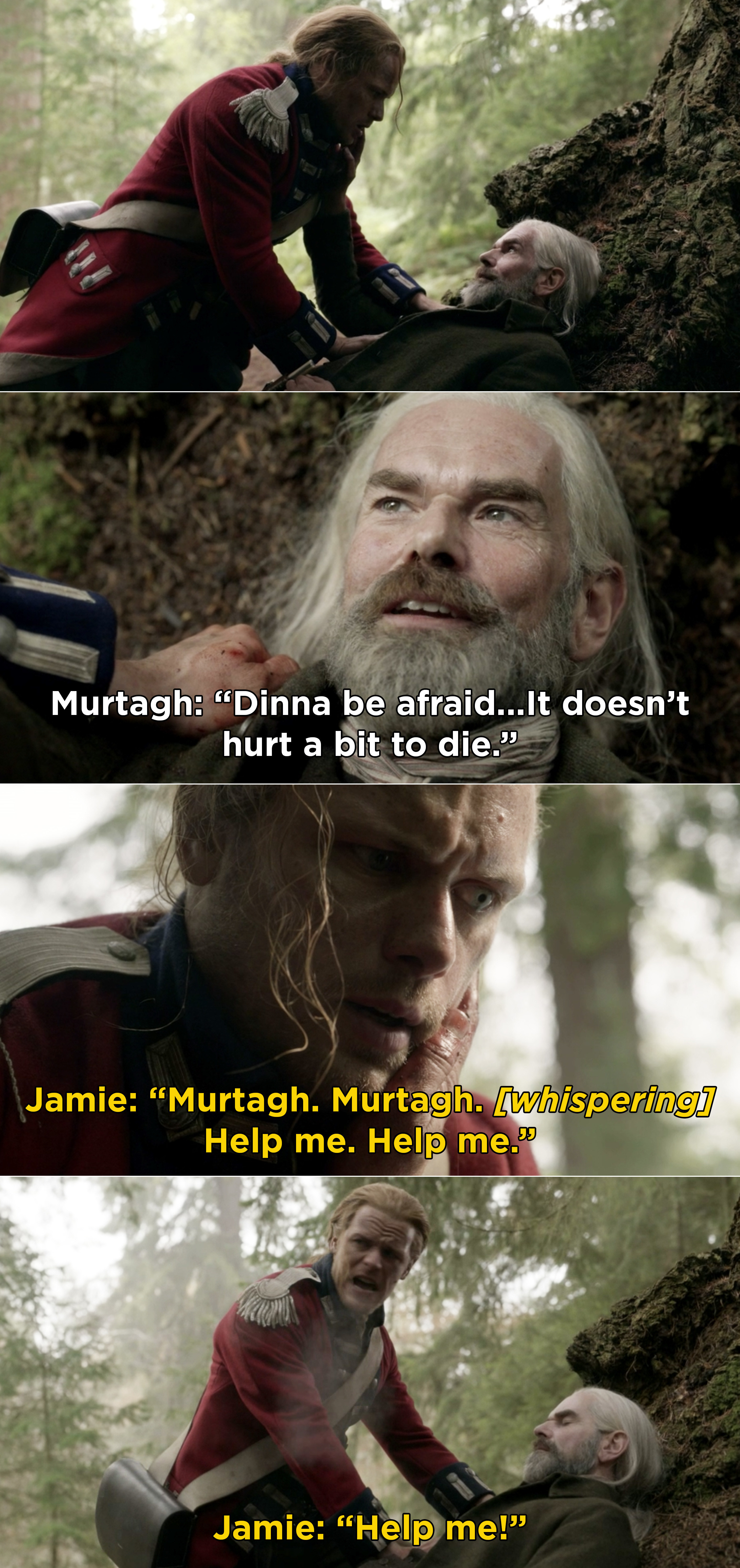 Murtagh telling Jamie that it &quot;doesn&#x27;t hurt to die&quot; and Jamie crying and screaming for help