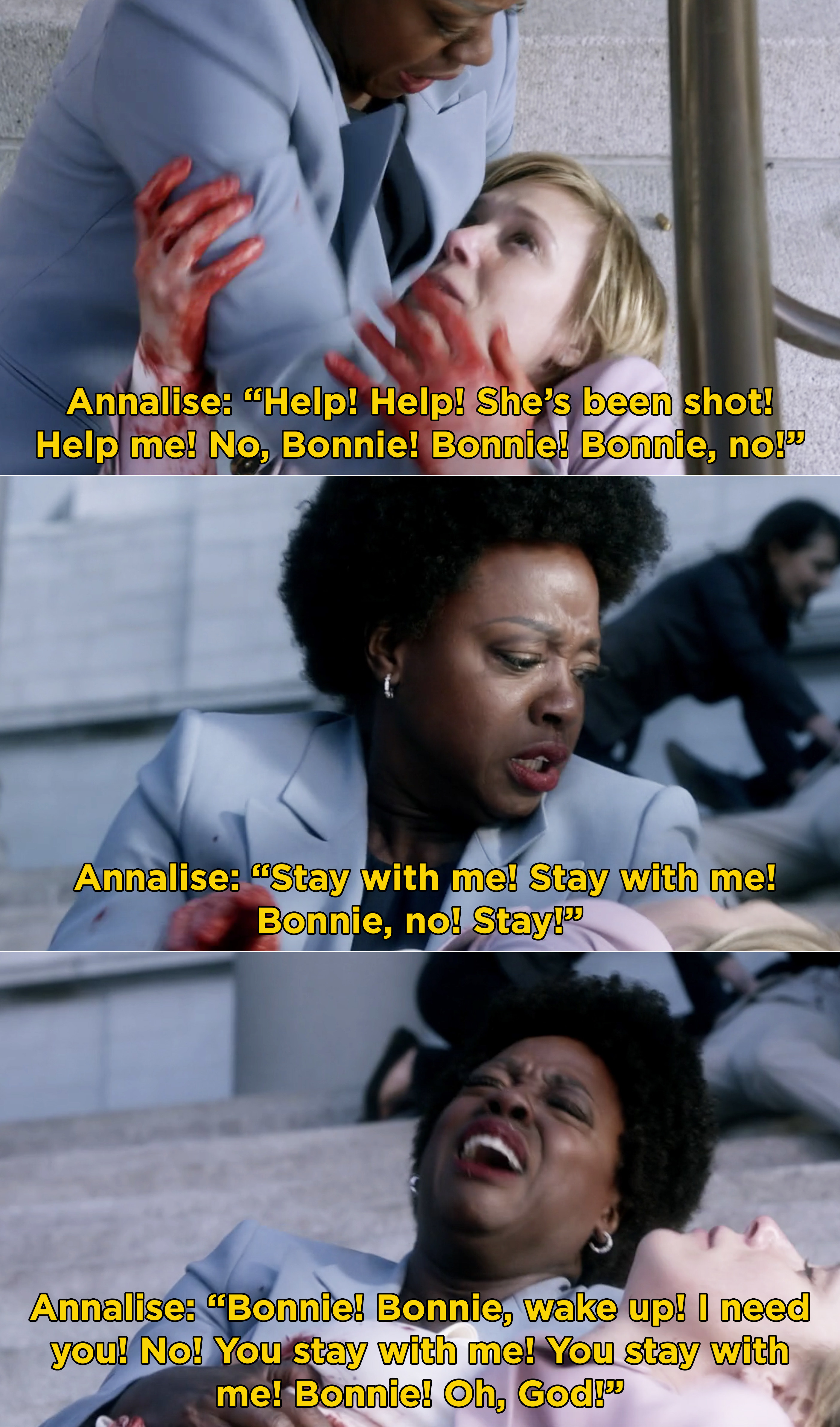 Annalise sobbing while holding Bonnie and pleading for help