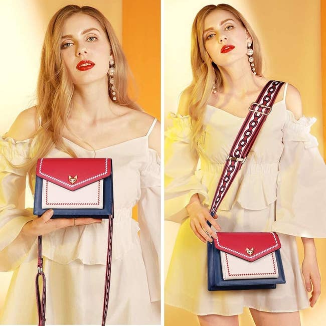 On the left: model holding the small square, white, red, and blue bag; on the right, model wearing it as a crossbody. It has a chain-print detail on the strap
