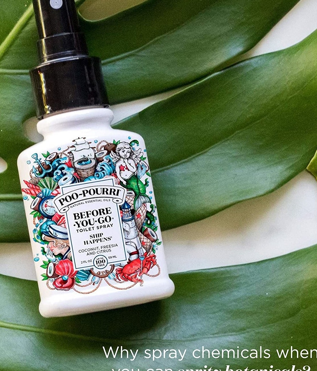 bottle of poo-pourri that says before you go toilet spray ship happens coconut freesia and citrus