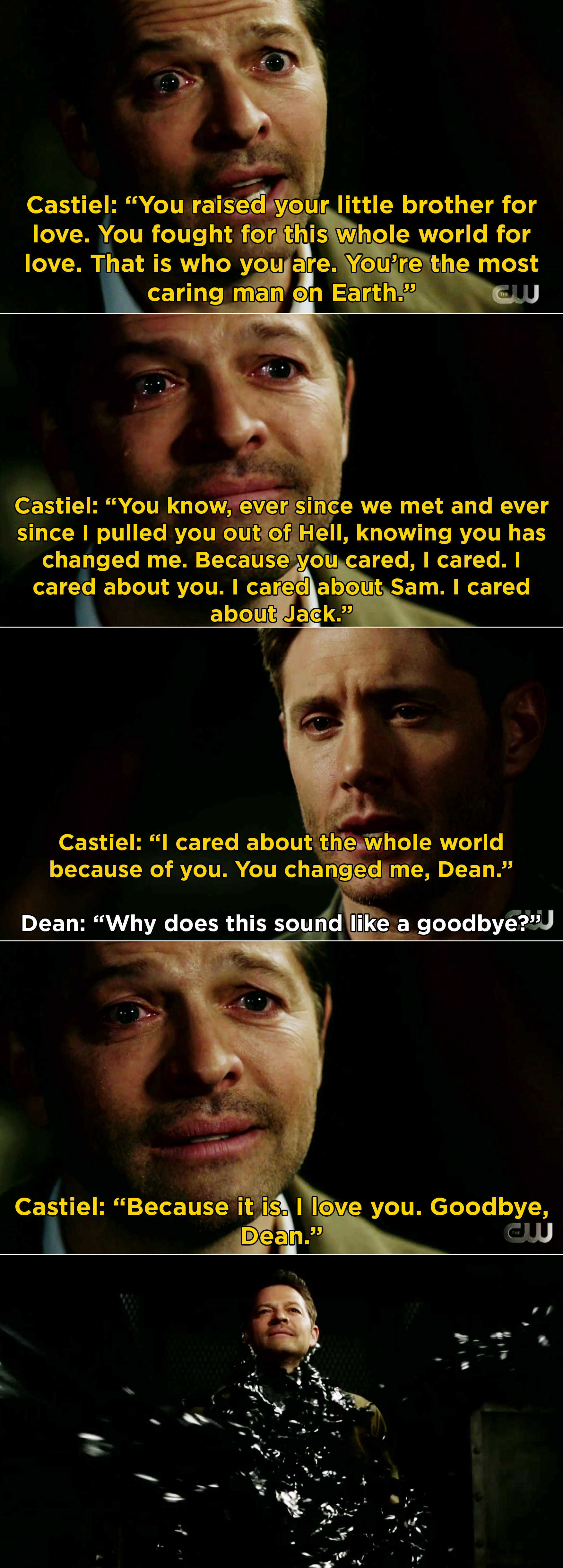 Castiel saying that Dean made him care about the whole world and that he loves him