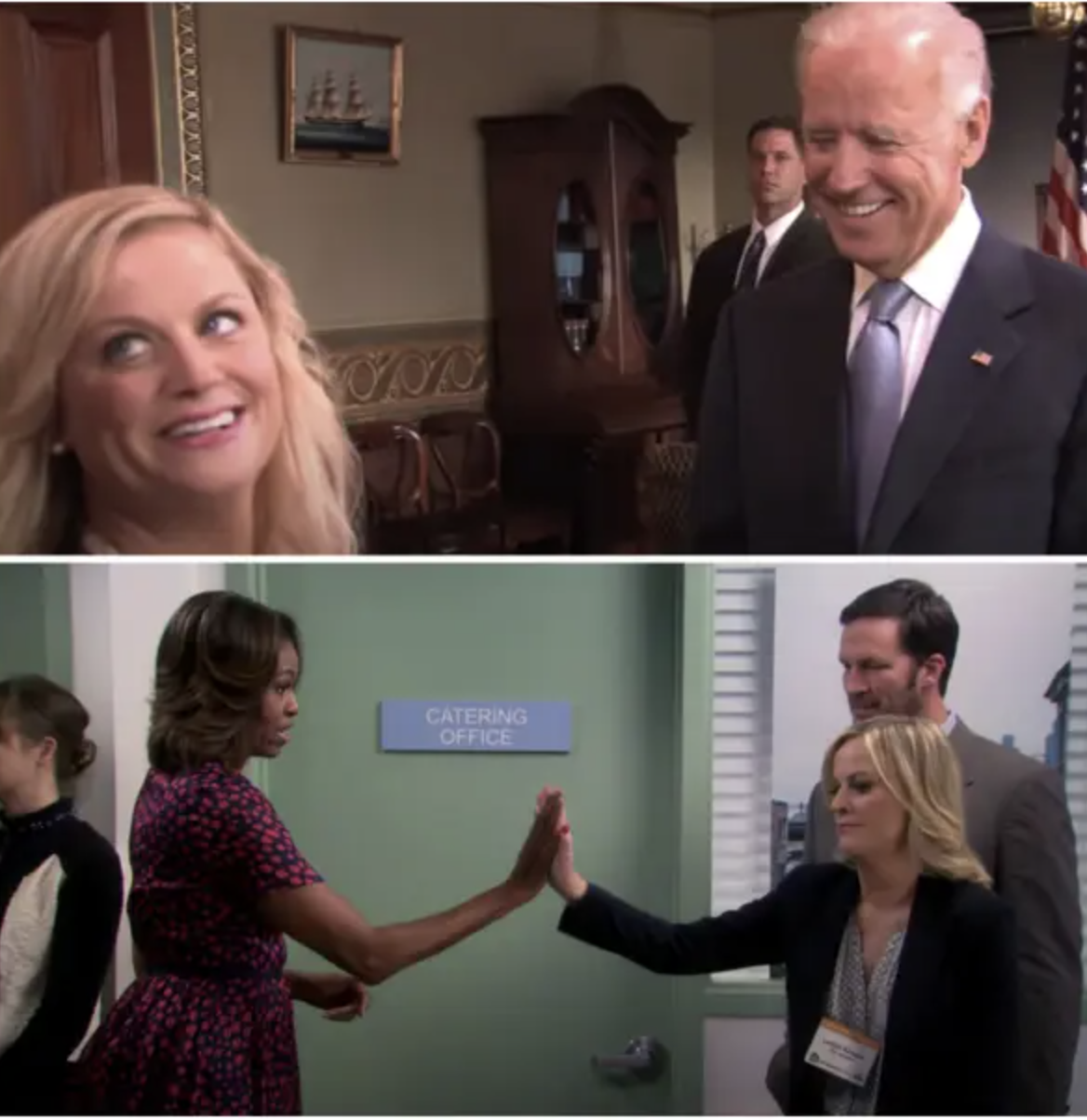 Amy Poehler laughs with Biden and high fives Obama