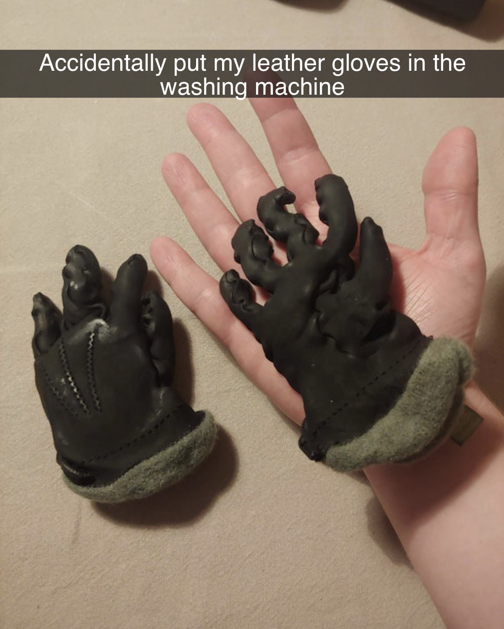 person holding tiny shriveled gloves that reads accidentally put my leather gloves in the washing machine