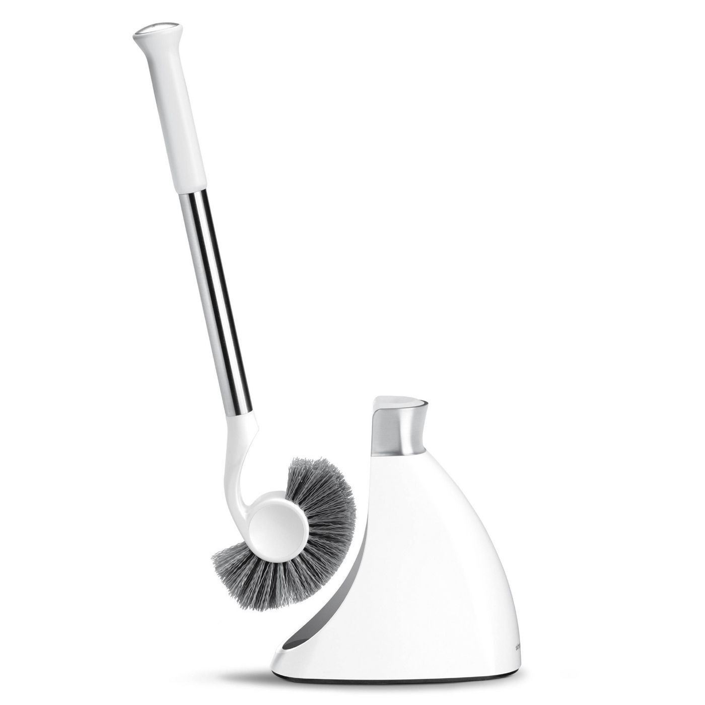 White and silver toilet brush caddy with the white brush with gray bristles