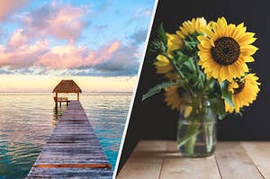 On the left, a sunset near the ocean, and on the right, sunflowers in a vase on a wooden table