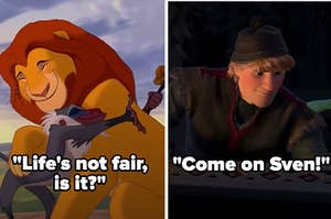 "The Lion King" with the quote "Life's not fair, is it?" and "Frozen" with the quote "Come on Sven!"