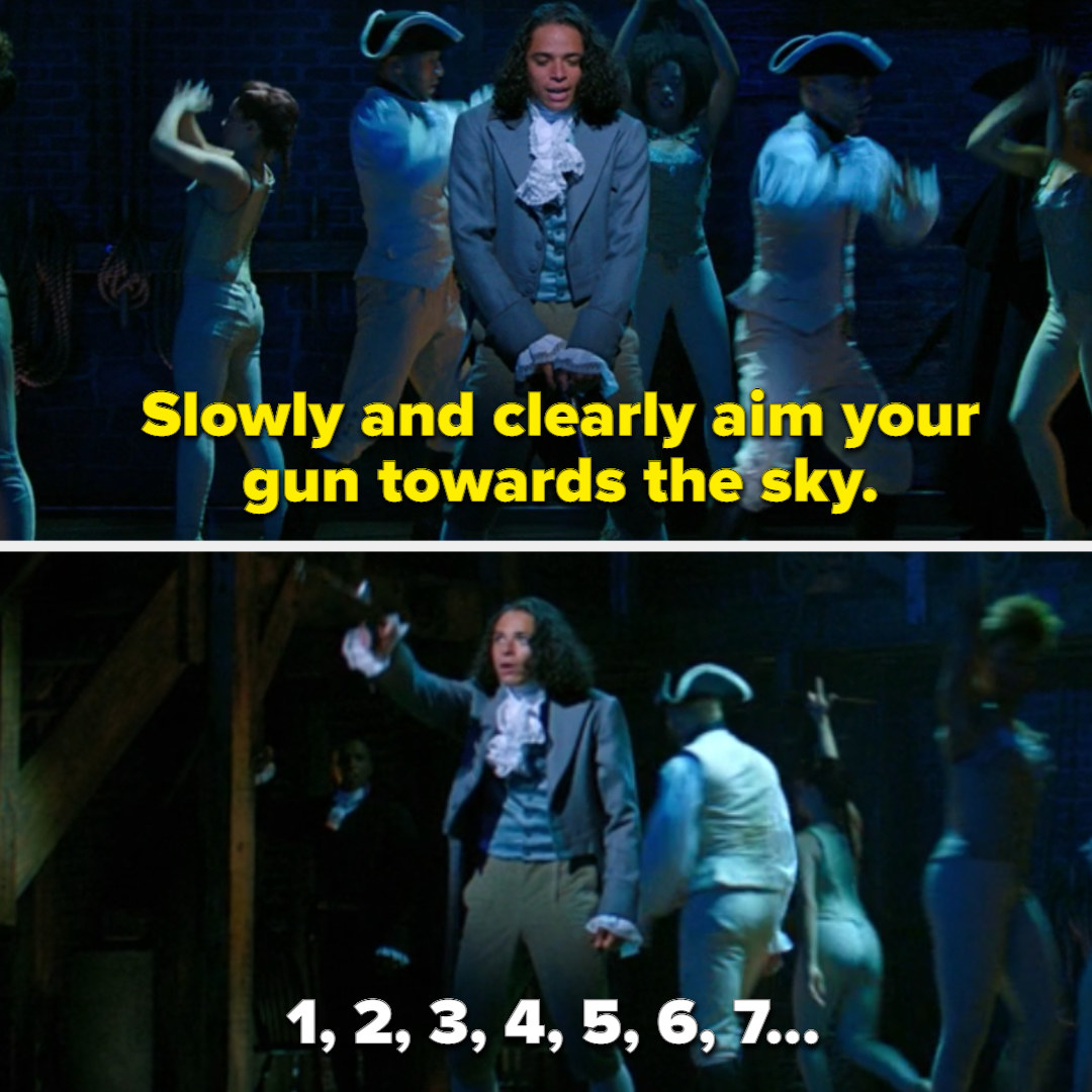 Phil says &quot;slowly and clearly aim your gun towards the sky&quot; and starts to aim up as the ensemble counts
