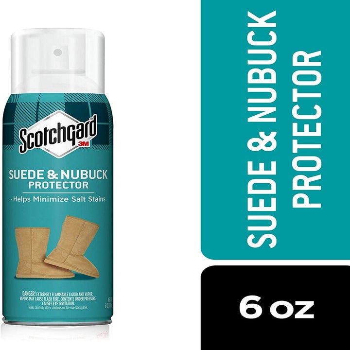 A Scotchgard spray bottle with text that reads "Suede &amp; Nubuck Protector 6oz"