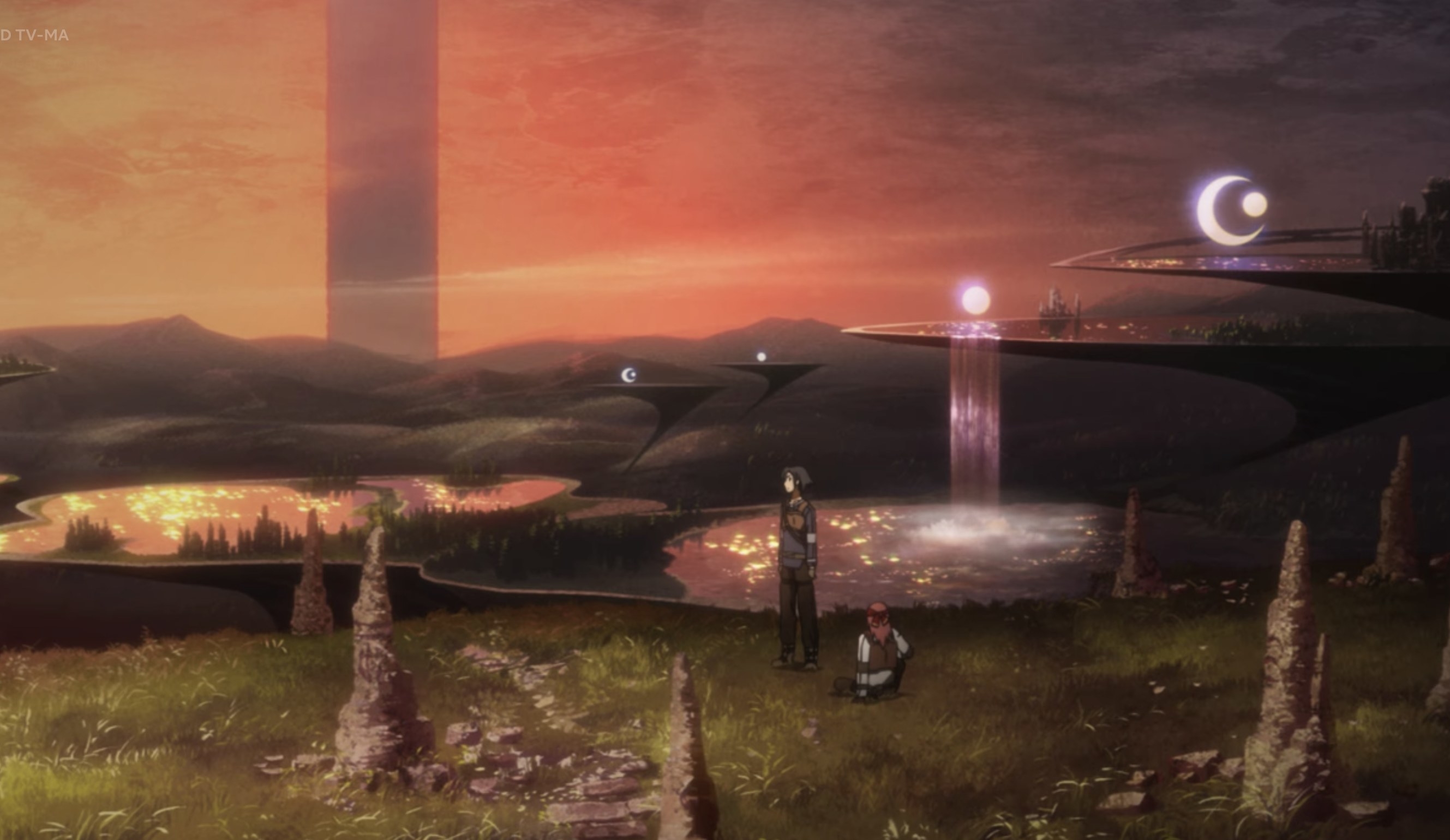 A dystopian landscape with two people